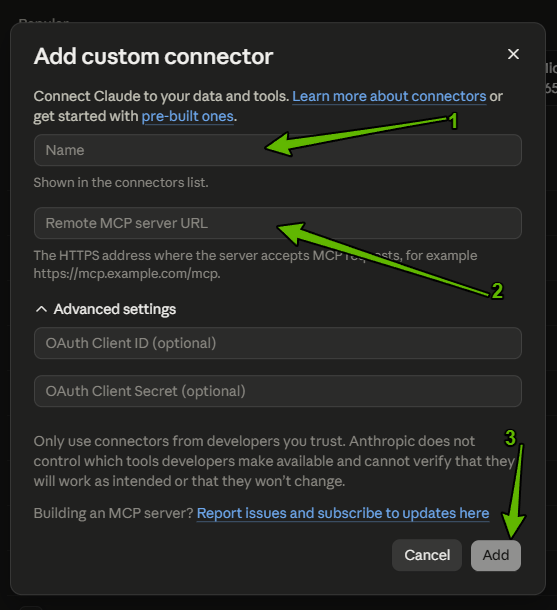 El formulario Add custom connector, con los campos Name y Remote MCP server URL.