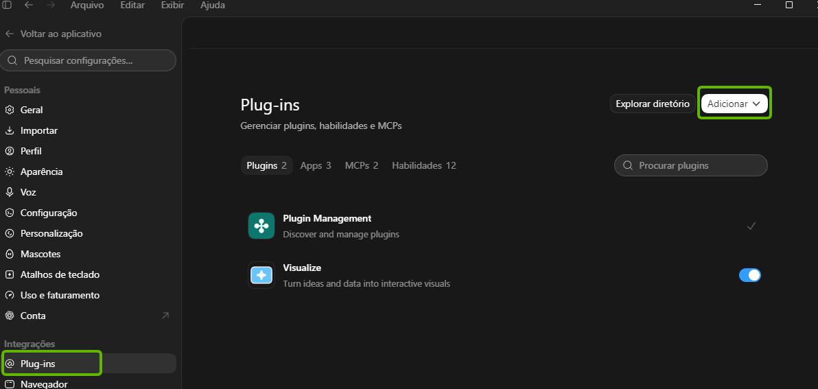 La pantalla de Plug-ins, con el botón Agregar arriba a la derecha.