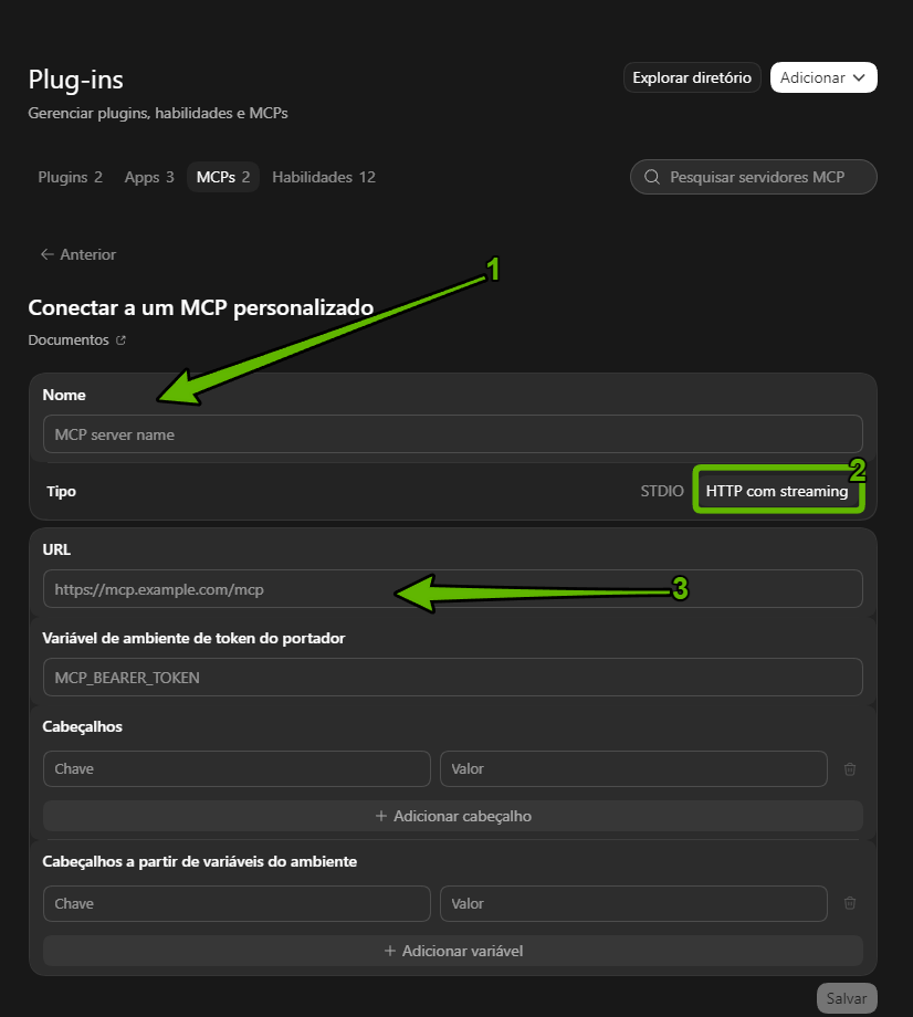 El formulario Conectar a un MCP personalizado, con los campos Nombre, Tipo y URL.
